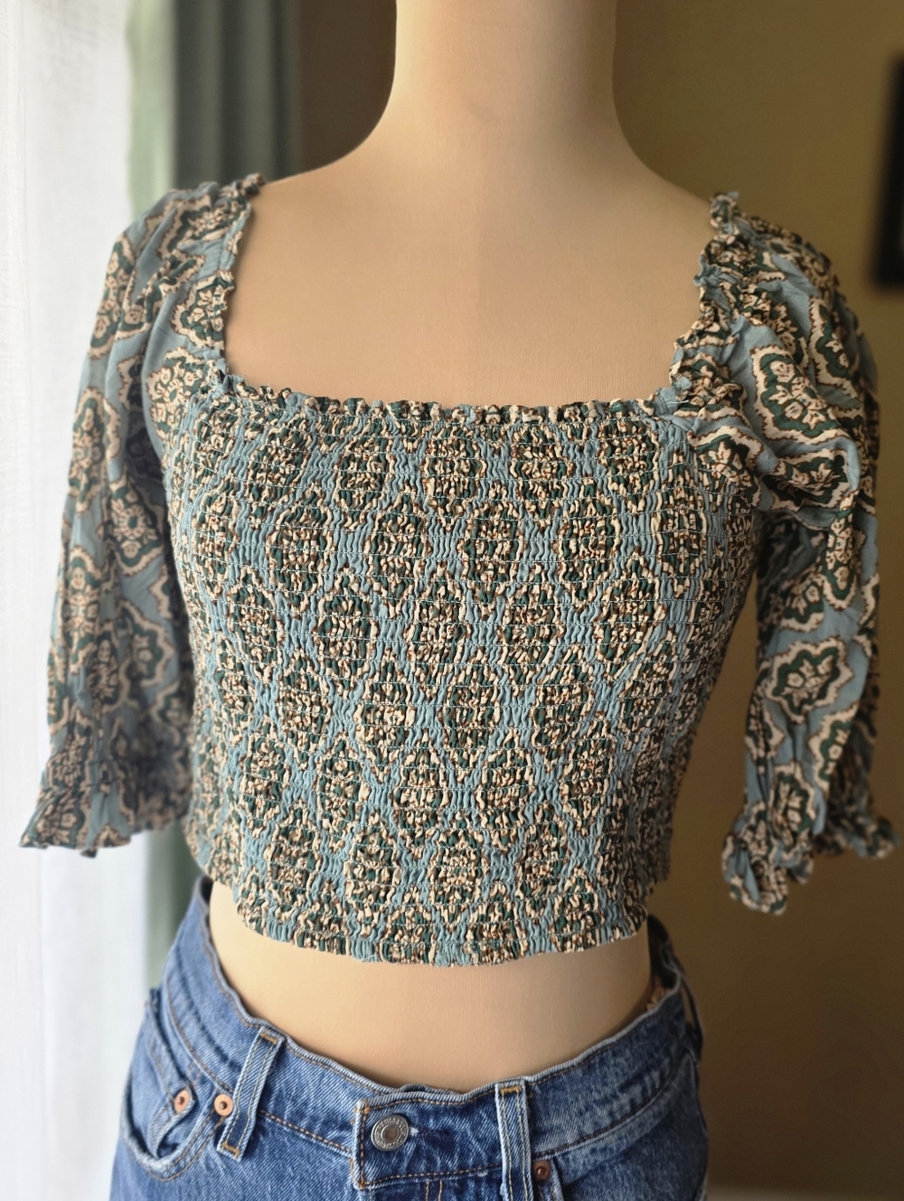 Zara Paisley‎ Smocked Crop Top Square Neck Puff Sleeve Boho Peasant Blouse Small
